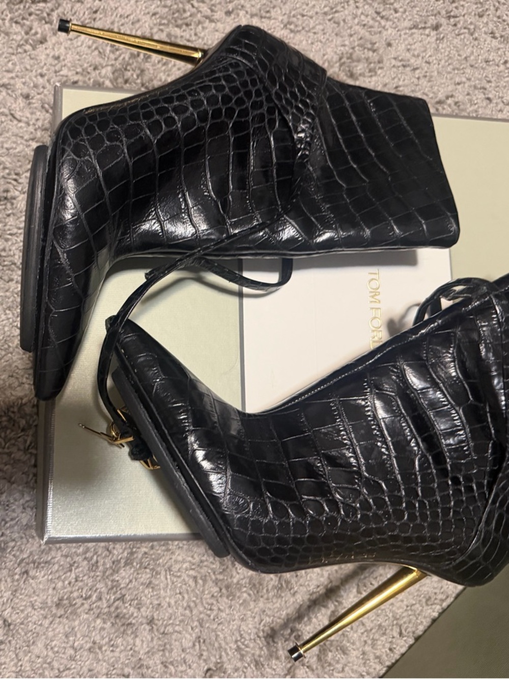 Tom Ford Black Croc-Embossed Pointed Toe Stilettos with Gold Heel